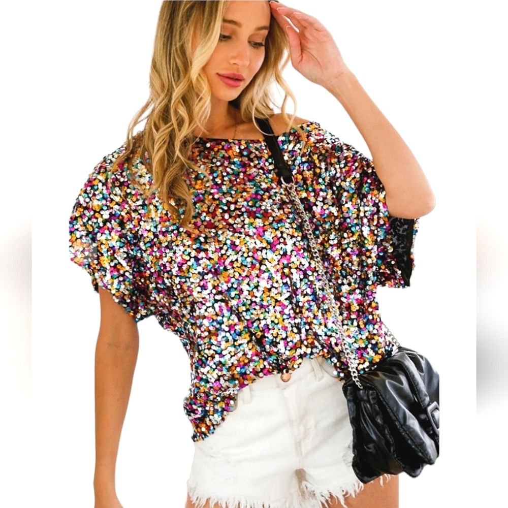 Nwot Anna -Kaci Multicolor Shortsleeve Boatneck  Sequined Top